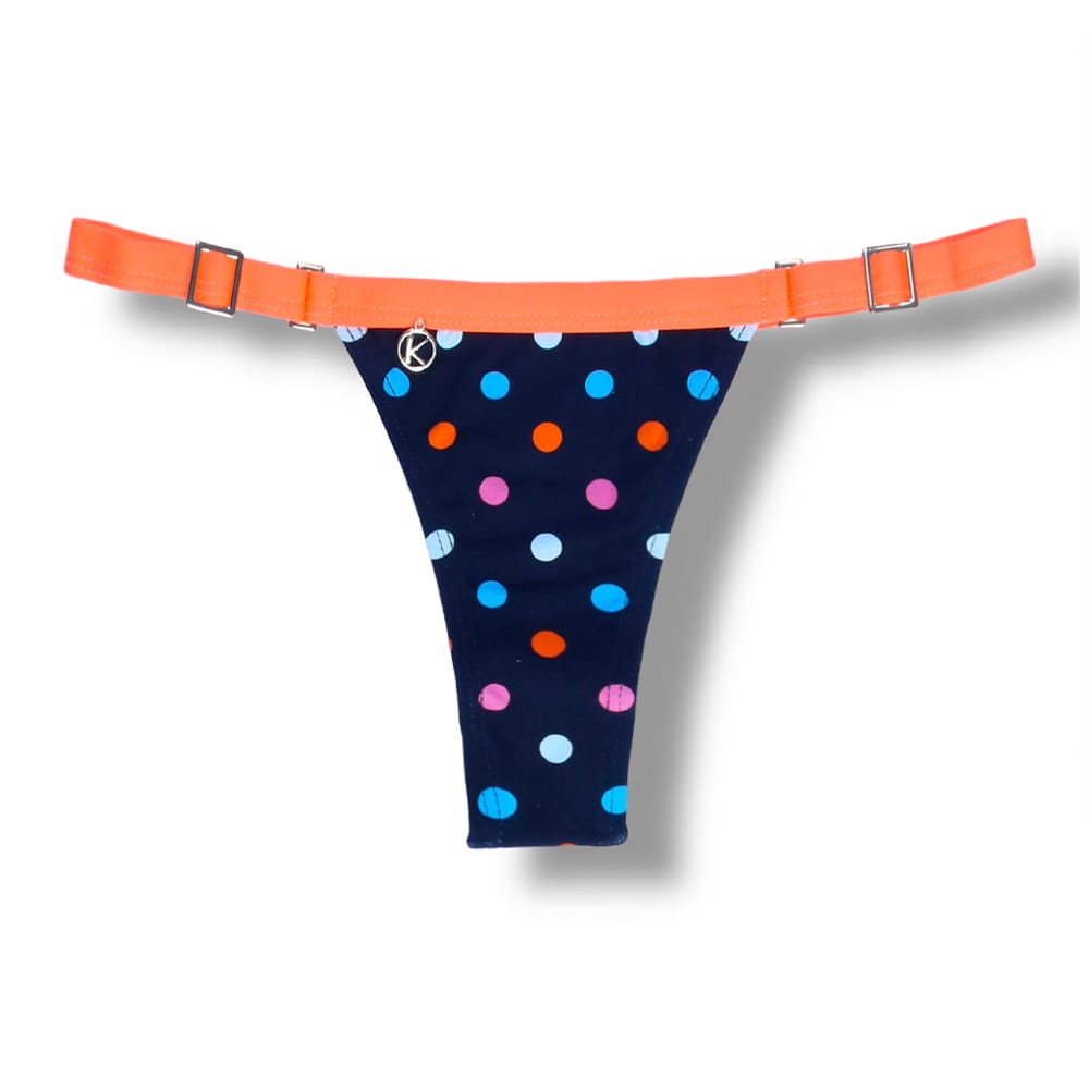 Tanga Fany Poá Colorê | | Biquíni Estampado | Semi Fio |  Marquinha de Fita | Regulável | Detalhe em Laranja.