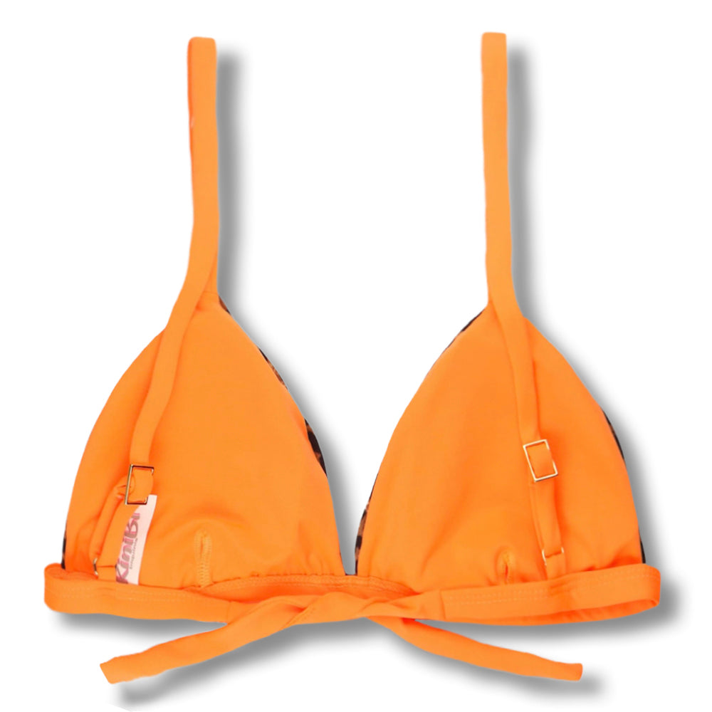 Top Jade Animal Print com Laranja Neon | Cortininha Triängulo Fixo | Estilo Sutiã com Amarração nas Costas | Alças com Regulagem | Detalhes Laranja