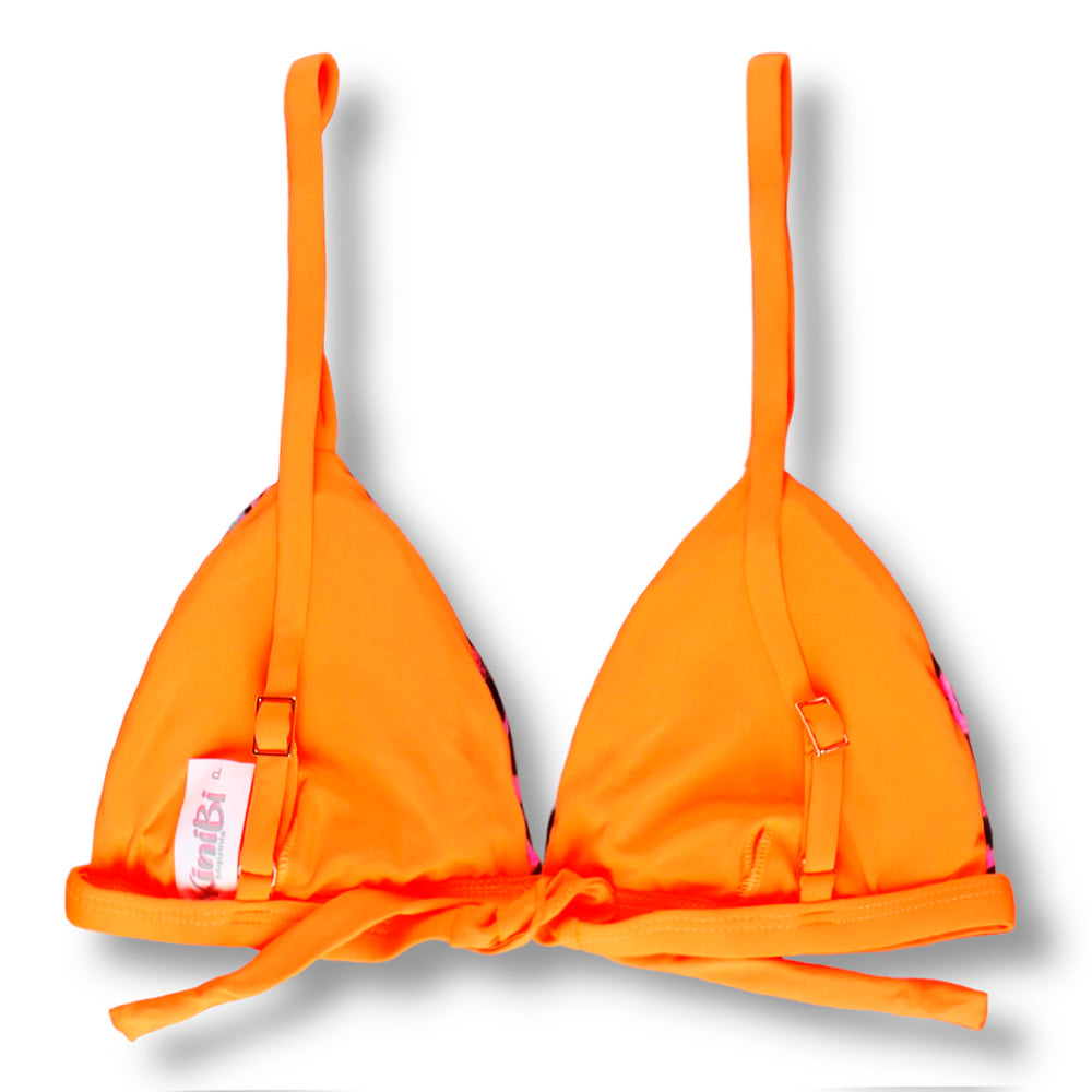 Top Jade Poá Colorê | Cortininha Triângulo Fixo | Estilo Sutiã com Amarração nas Costas | Alças com Regulagem | Biquíni Estampado | Detalhes em laranja