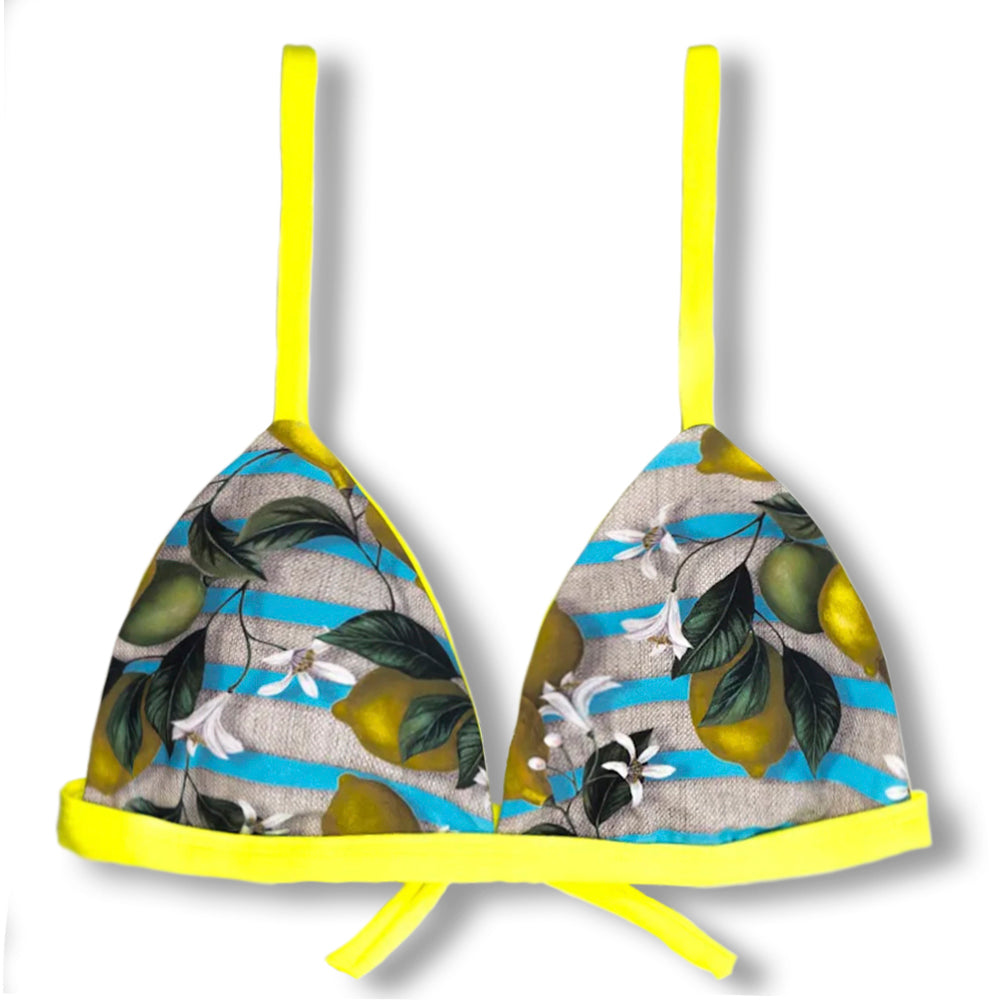Top Jade Limão Siciliano | Detalhes em Amarelo  | Cortininha Triängulo Fixo | Estilo Sutiã com Amarração nas Costas | Alças com Regulagem