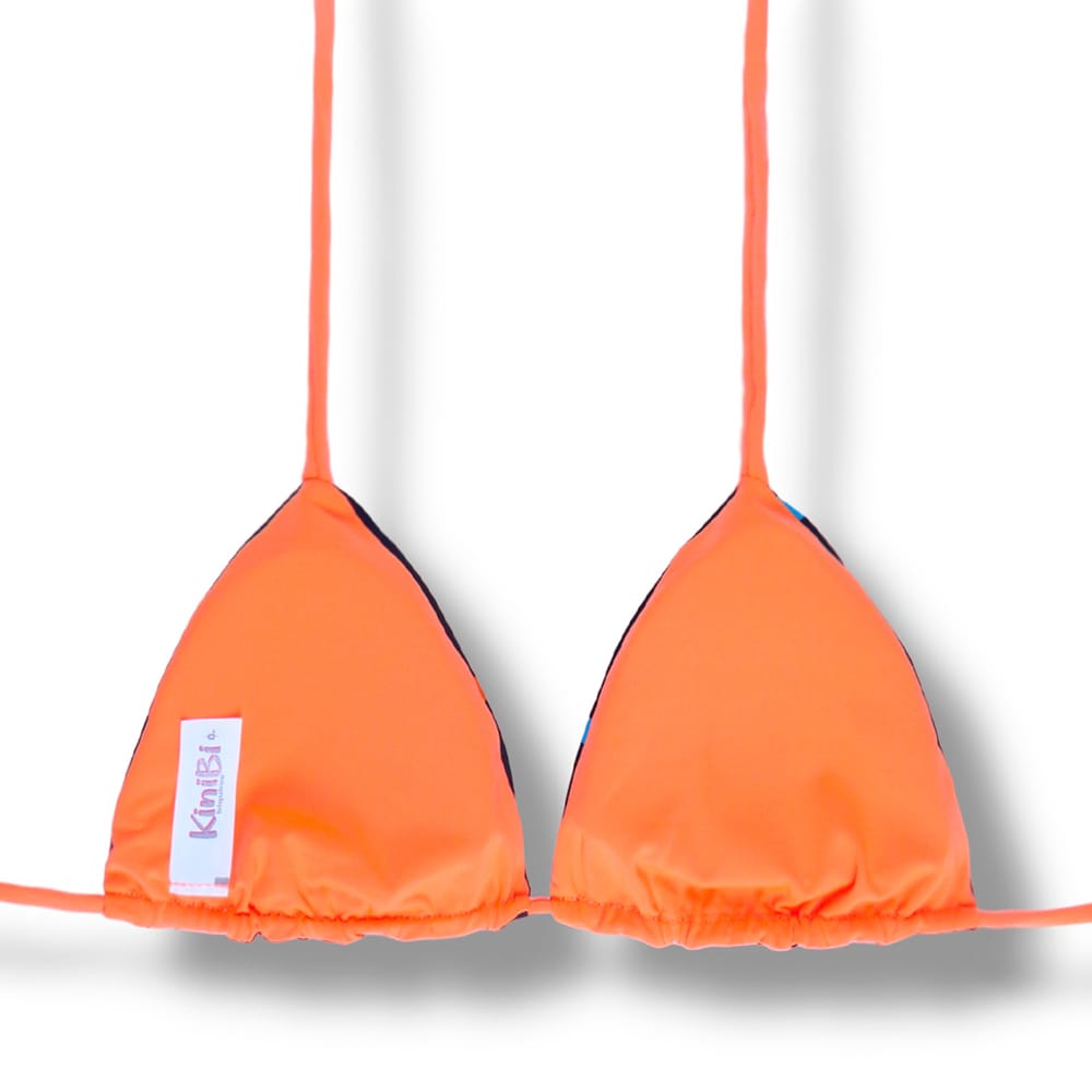 Top Lua Poá Colorê | Cortininha com Bojo | Dupla Face Laranja | Reversível | Amarração nas Costas e Pescoço | Biquíni Estampado