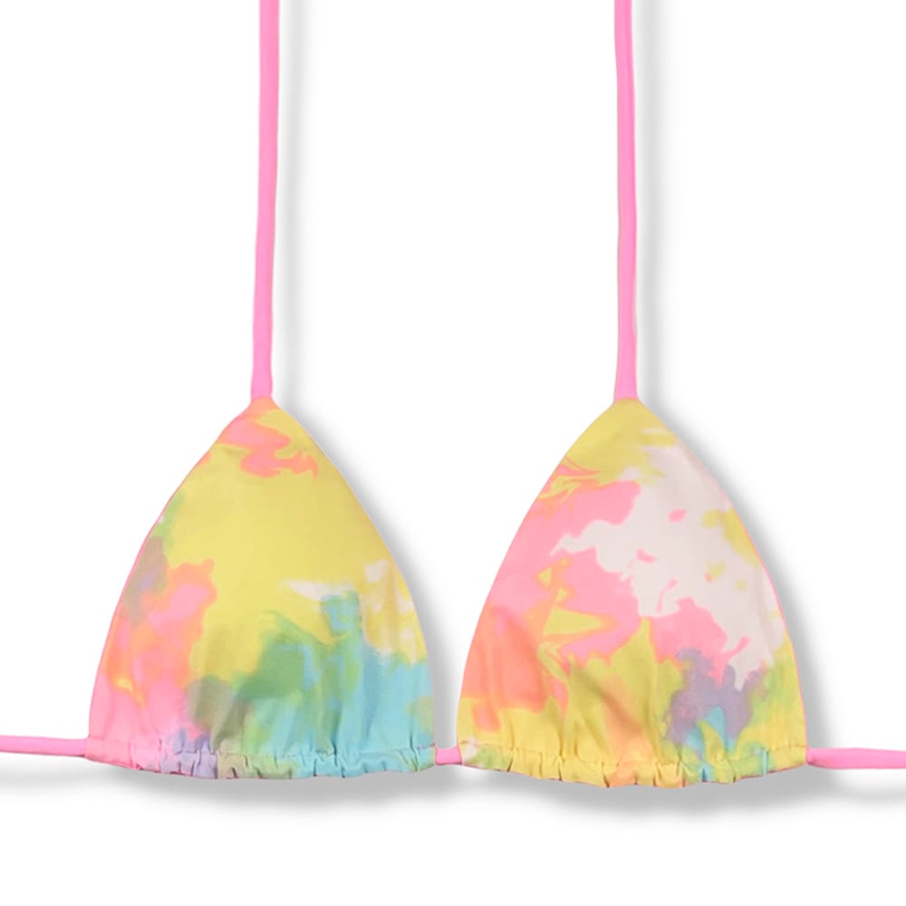 Top Lua Tie Dye | Cortininha com Bojo | Dupla Face Rosa Iogurte | Reversível | Amarração nas Costas e Pescoço | Biquíni Estampado