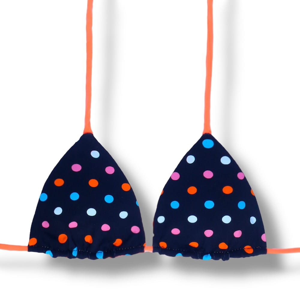 Top Lua Poá Colorê | Cortininha com Bojo | Dupla Face Laranja | Reversível | Amarração nas Costas e Pescoço | Biquíni Estampado