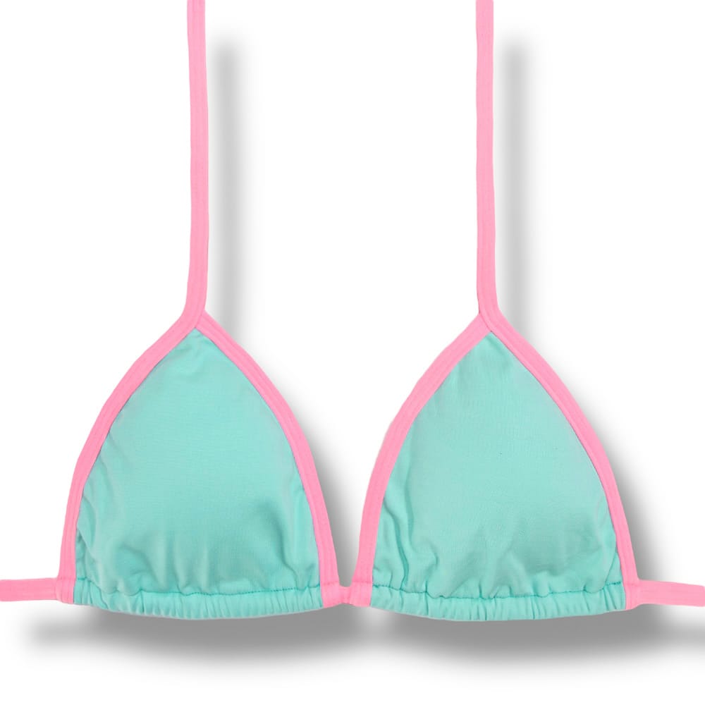 Top Mara Bicolor Verde Mint | Detalhes Rosa Iogurte | Cortina com viés | Amarração nas Costas e Pescoço