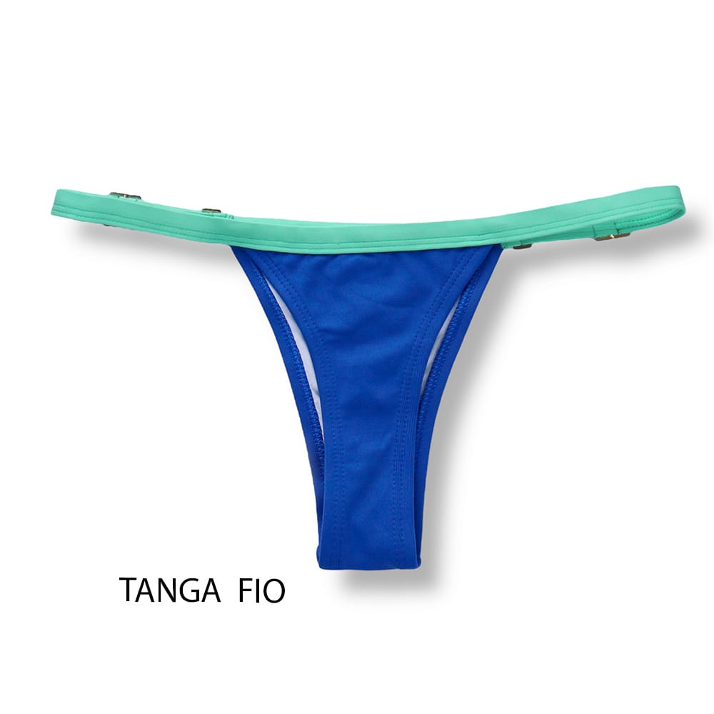 Conjunto de Biquíni Bicolor Azul Cobalto e Verde Mint | Top Mara + Tanga Fany | Top Cortininha com Abertura para Bojo  | Tanga Fita
