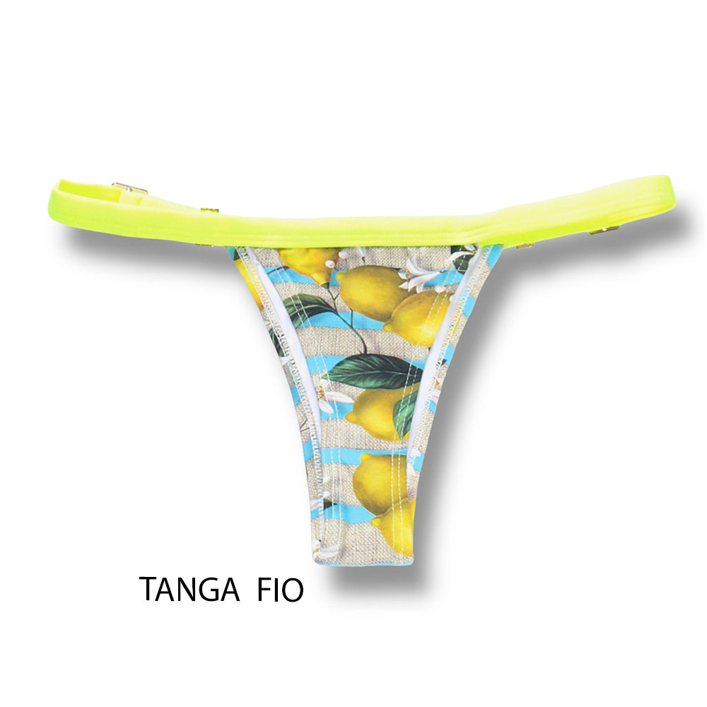 Conjunto de biquíni Limão Siciliano com a combinação Amarelo Neon | Top Mara + Tanga Fany | Top cortininha com abertura para bojo | Tanga fita deixa marca de bronze linda