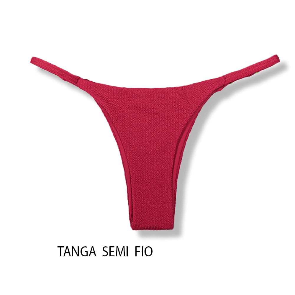 Conjunto de biquíni Zínia | Top Lua + Tanga Mia | Top cortininha com bojo embutido reversível | Tanga semi fio marquinha de fita com regulador na lateral | Tecido texturizado semibrilho