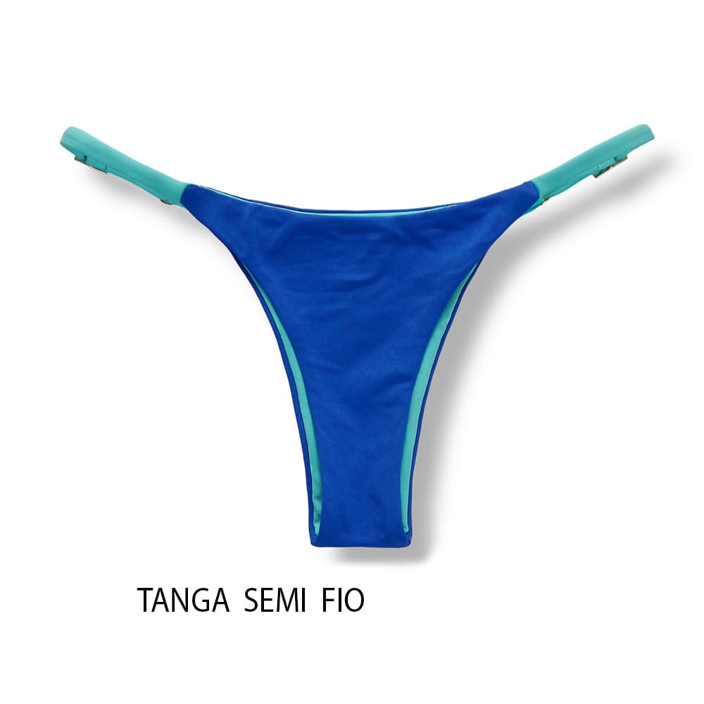 Conjunto de biquíni Bicolor Azul Cobalto e Verde Mint | Top Lua + Tanga Mia | Top dupla face com bojo embutido | Tanga semi fio com regulador na lateral