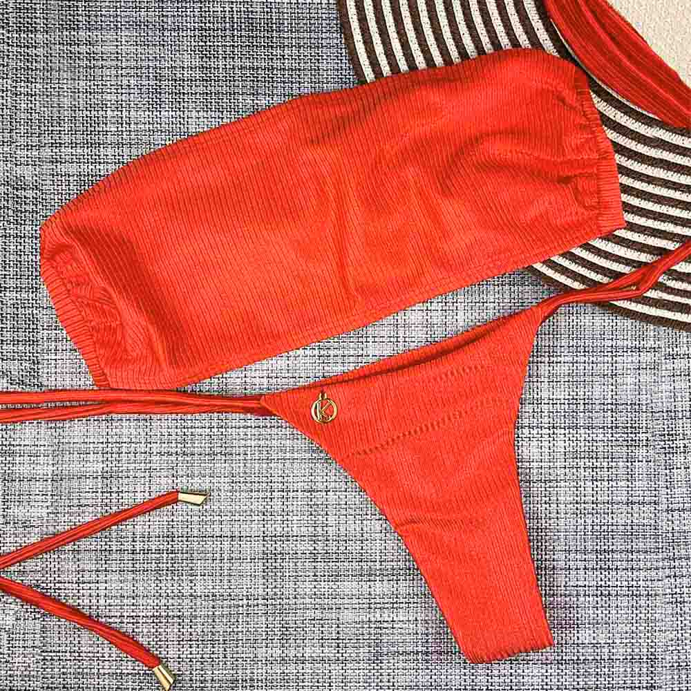 Conjunto de Biquini Rubi | Top Faixa + Tanga Cora | Tanga fio dental com amarração lateral | Top Faixa tomara que caia forrado