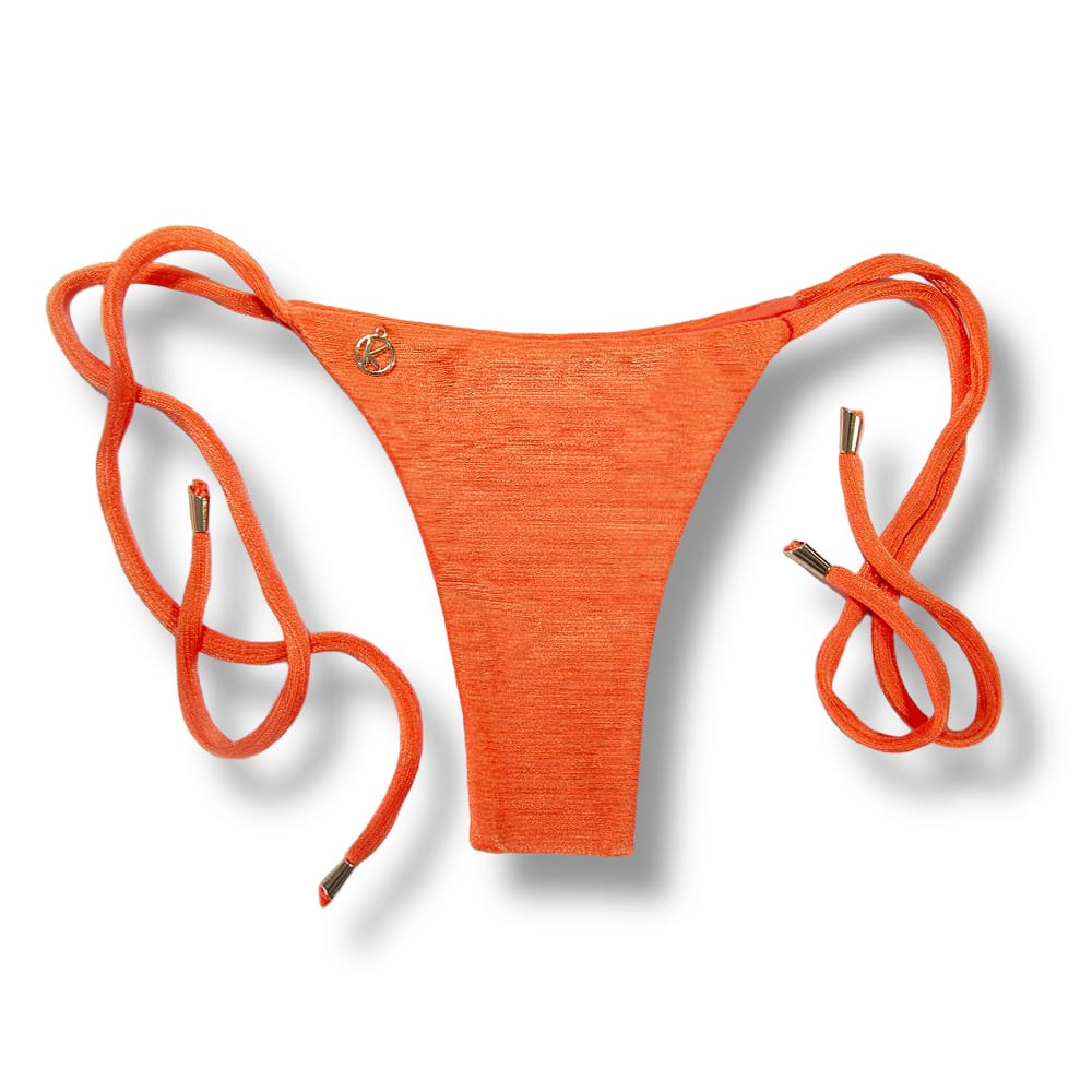 Tanga Cora Tangerina | Biquíni Fio Dental com Laço Lateral | Dupla Face Laranja Liso | Tecido Texturizado Semibrilho