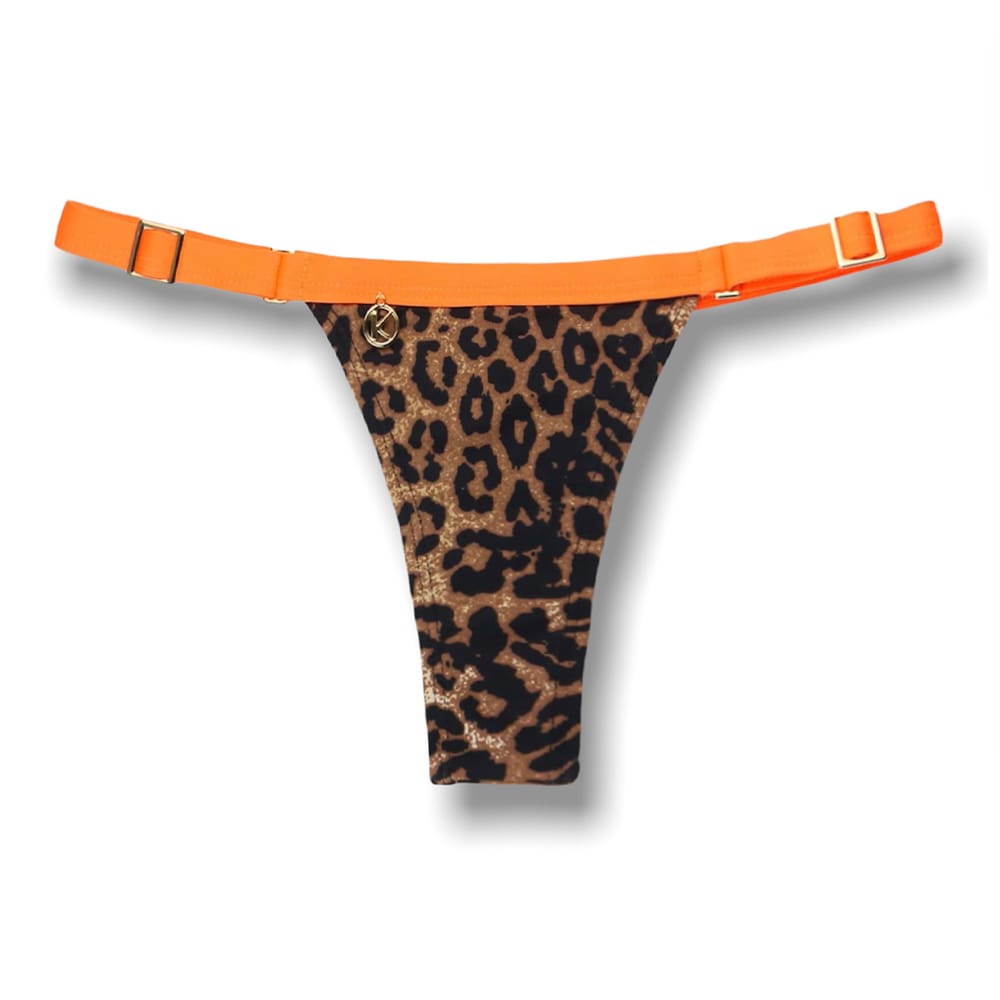 Tanga Fany Animal Print combinação Laranja | Biquíni Estampado | Semi Fio |  Marquinha de Fita | Regulável | Oncinha
