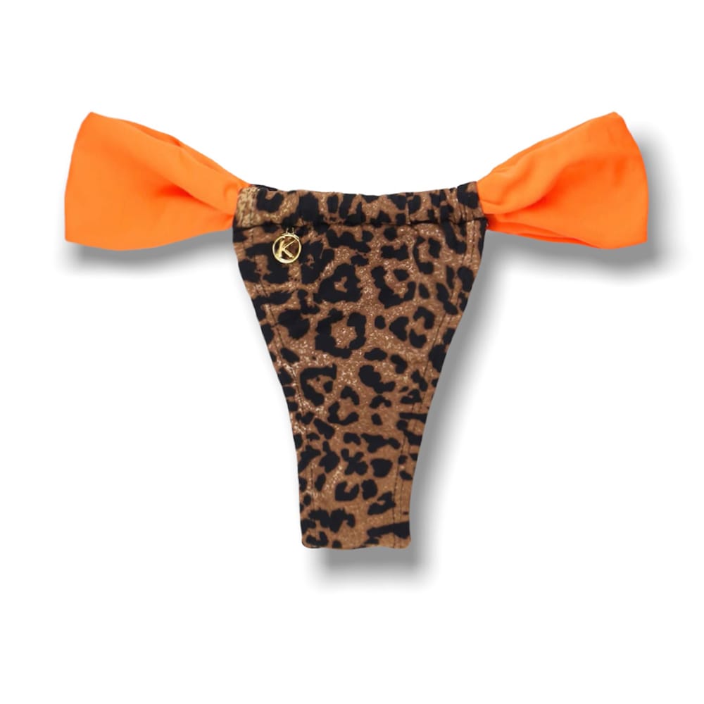 Tanga Gali Animal Print | Biquini Estampado | Fio Dental | Cortininha Regulável | Detalhe Laranja Neon | Oncinha