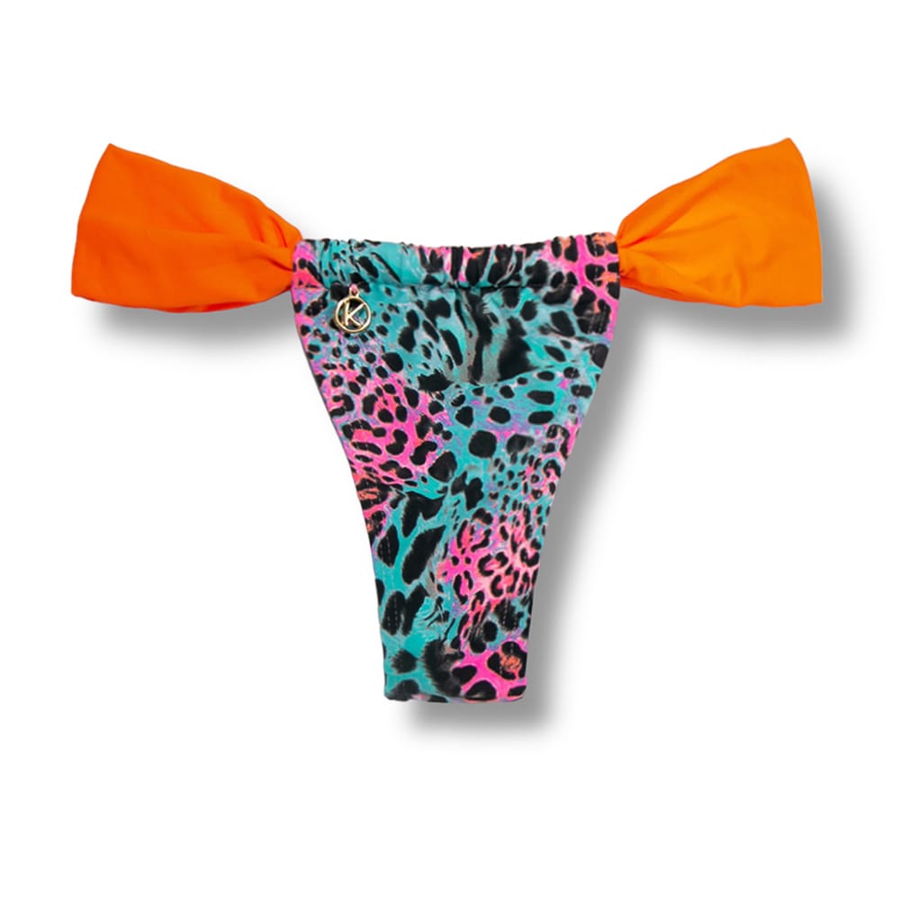 Tanga Gali Animal Print Mescla | Biquíni Estampado | Fio Dental| Cortininha Regulável | Detalhe Laranja | Oncinha