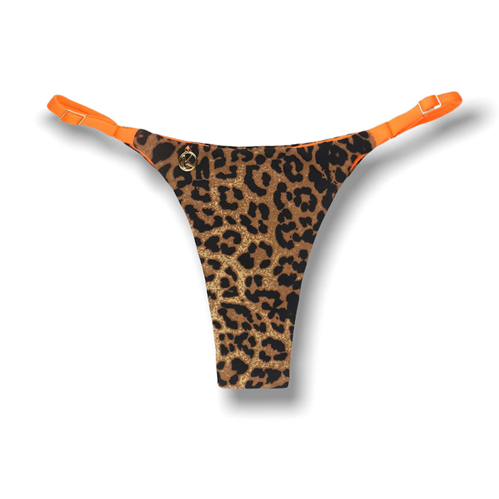 Tanga Mia Animal Print | Biquíni Estampado | Semi Fio | Tira Fina Regulável | Marquinha de Fita | Detalhe Laranja | Oncinha
