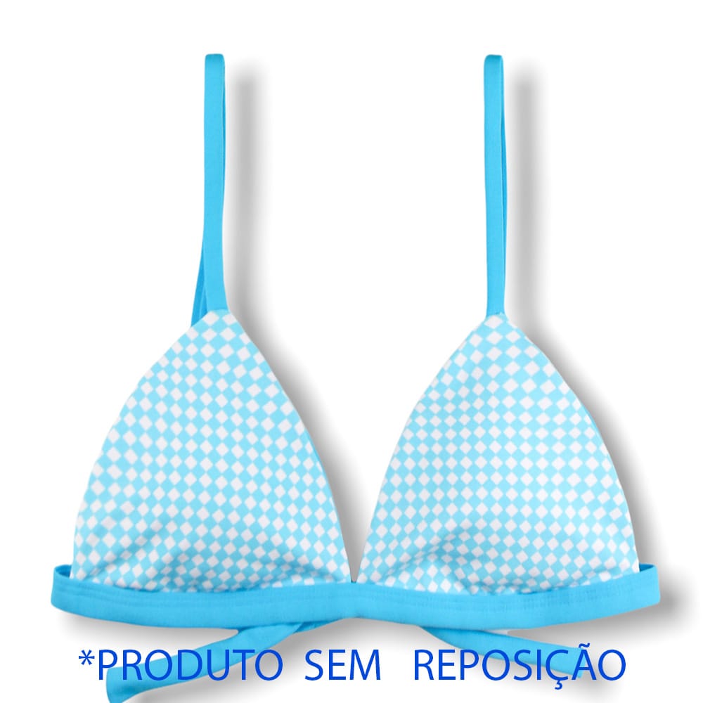 Top Jade Vichy Azul  | Cortininha Triângulo Fixo | Estilo Sutiã com Amarração nas Costas | Alças com Regulagem | Biquíni Xadrez Azul e Branco | Detalhe Azul