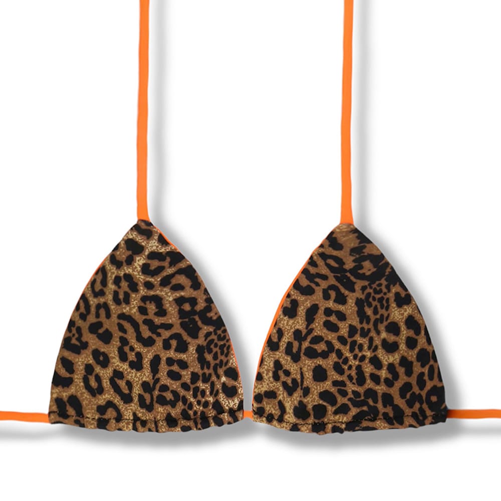 Top Lua Animal Print | Cortininha com Bojo | Dupla Face Laranja | Reversível | Amarração nas Costas e Pescoço | Biquíni Oncinha