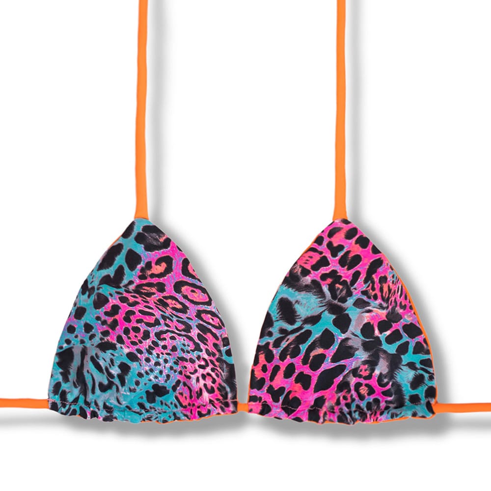 Top Lua Animal Print Mescla | Cortininha com Bojo | Dupla Face Laranja | Reversível | Amarração nas Costas e Pescoço | Biquíni Oncinha