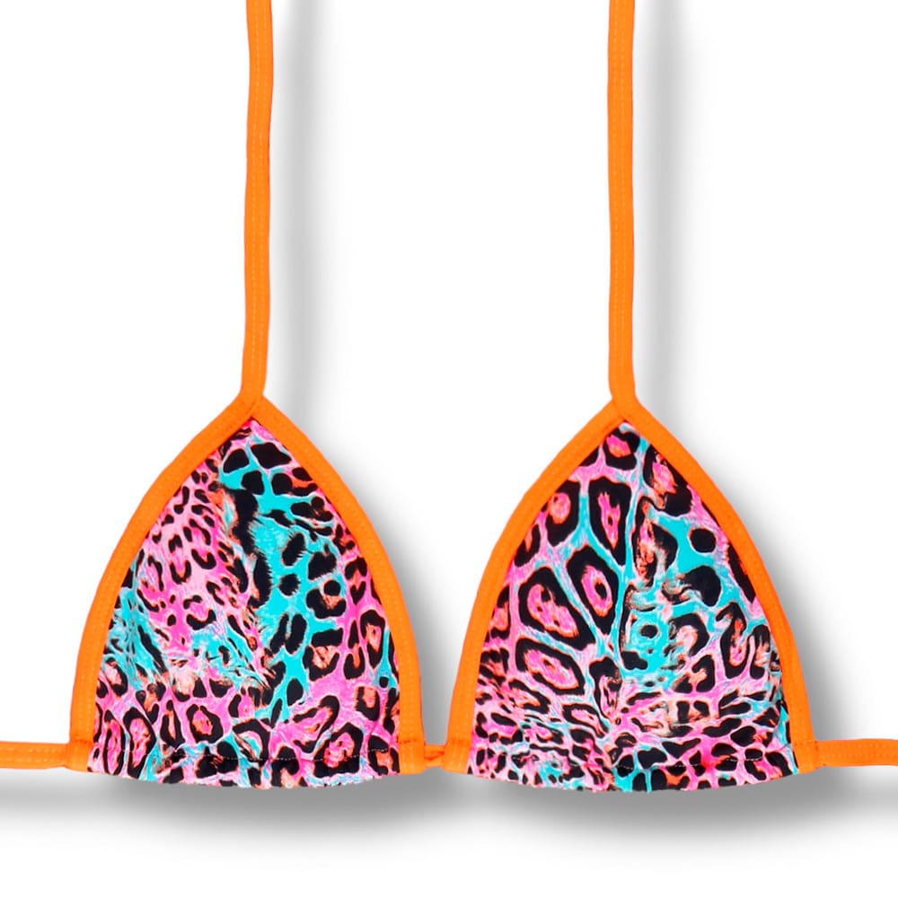 Top Mara Animal Print Mescla com Laranja | Detalhes laranja neon | Cortina com viés | Amarração nas Costas e Pescoço